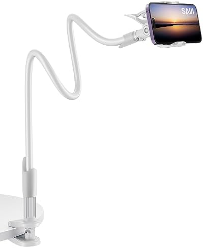 SAIJI Gooseneck Cell Phone Holder, Clamp Universal Lazy Mount Clip Hands Free Flexible Long Arm Bracket Grip for 4.0-6.3 Phones Mobile Stand Baby Monitor for Desk, Bed, Office, Kitchen (White)