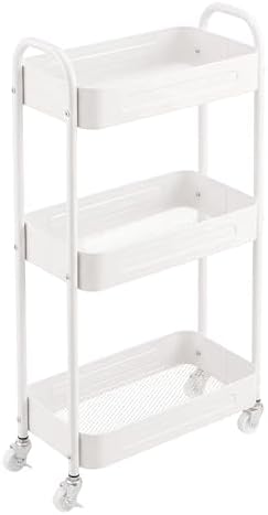 3 Tier Narrow Rolling Storage Cart for Laundry Room Bathroom Kitchen, 7.1'' Slim Utility Cart with Wheels and Lockable Casters Standing Shelf for Small Space & Between Washer and Dryer, White