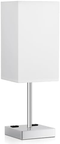 17.4" White Touch Table Lamp for Bedroom - Dimmable, USB C+A, 2 AC Outlets