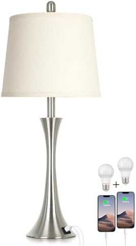 Rinweey 27.5" Silver Table Lamps, Touch Bedside Lamps with USB C+A Ports, 3 Way Dimmable Nightstand Lamps for Bedroom, Living Room, Office, Silver Lamp with Beige Lampshade, Bulbs Included (1 Pack)