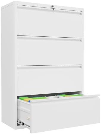 INTERGREAT 4 Drawer File Cabinet, White Lateral File Cabinet with Lock, 28" W Metal Office Filing Cabinet with Adjustable Frame for Legal, Letter, A4 Files