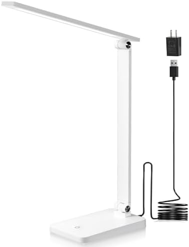 LED Desk Lamp for Home Office, 3 Levels Dimmable Desk Light with USB Charging Port, Reading Lamp for Table Study Work Office Nail Craft Puzzle, White, 5000K