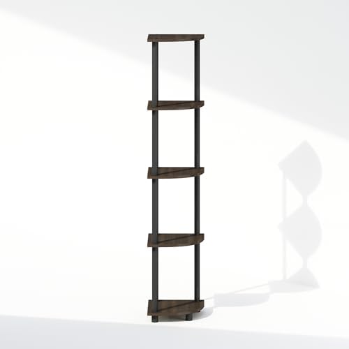 Furinno Turn-N-Tube Storage Shelves, 5-Tier Book Shelf, Corner Shelf, Toolless Open Shelves, for Organization and Storage, Living Room, Home Office, Hallway, Bedroom, Dark Brown Grain
