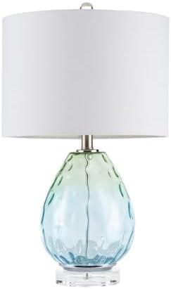 Pemberly Row Contemporary Table Lamp, 23.5" H, Blue-Green Glass Base, White Drum Shade, Adjustable Tilt, 72-Inch Clear Cord, Includes Spiral CFL Bulb, Modern Lighting for Living Room or Bedroom Use