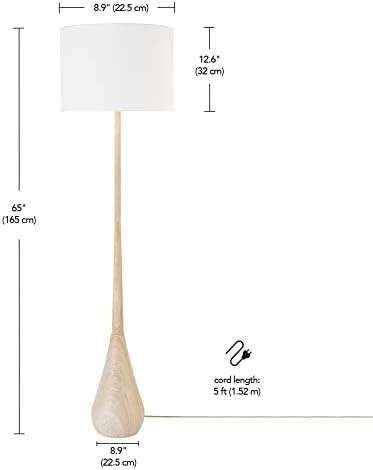 Globe Electric 65" Floor Lamp, Wood-Toned Finish, White Cotton Shade, Japandi Style, E26 Base, On/Off Rotary Switch, 5-Ft Cord, 52112
