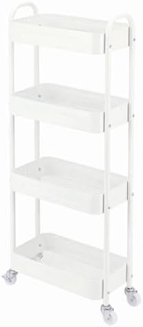 4 Tier Slim Kitchen Storage Cart for Narrow Space, 7.1'' Wide Metal Rolling cart with Wheels and Lockable Casters, Sturdy Mobile Thin Shelf for Laundry Room Between Washer and Dryer, White