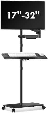 suptek Mobile Desk Workstation with Monitor Mount for up to 32" Screen, Rolling Computer Cart on Wheels,Full Keyboard Tray, CPU Holder