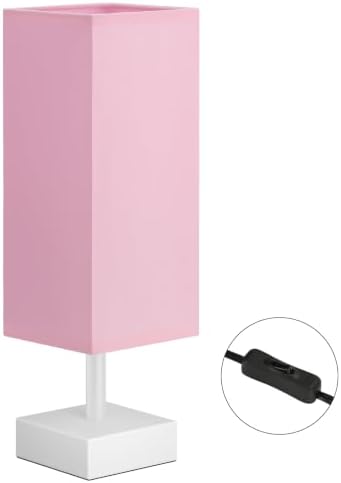 aooshine White Small Bedside Lamp for Bedroom - Square Pink Fabric Shade