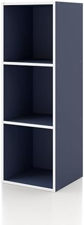 Homes: Inside + Out Apexa 3-Cube Storage Organizer Shelves, Stackable Wood Bookcase Fits Cubby Bins for Organization, Dorm Teen Room Decor & Home Office, Steel Blue