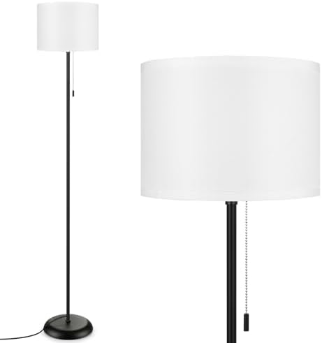 FOLKSMATE Floor Lamp for Living Room, Modern LED Simple Standing Lamps, Minimalist Tall Lamp for Bedroom, Living Room, Office, Kids Room, Reading Light, Black Pole Lamp with White Shade, Without Bulb