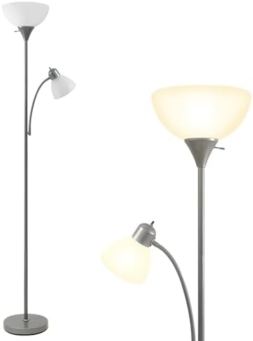HonoDing Adjustable Silver Floor Lamp with Reading Light Susan Modern Standing Lamps for Living Room/Office Lamp 72" Tall - 150-watt with Side Reading Light Corner Lamps (Silver)
