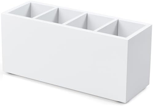 Bivvclaz Pencil Pen Holder for Desk, Wooden Office Desk Organizers and Accessories with 4 Slots for Countertop, Makeup Brush Holder Organizer for Bathroom Vanity, Silverware Caddy for Party, White