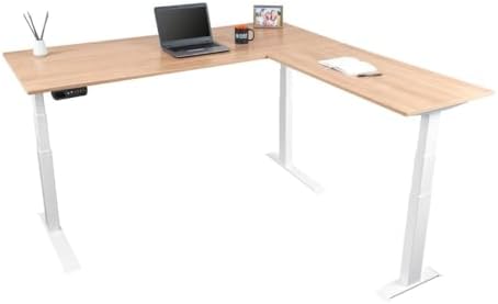 Stand Up Desk Store Triple Motor Electric L-Shaped Corner Standing Desk with EZ Assemble Frame (White Frame/Natural Walnut Top, 71" W x 71" D)