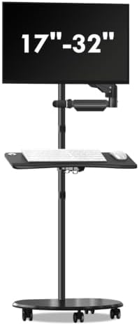suptek Mobile Desk Workstation with Monitor Mount for up to 32" Screen, Rolling Computer Cart on Wheels,Full Keyboard Tray, CPU Holder