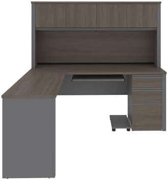 Bestar L-Shaped Desk with Hutch, Bark Grey, Prestige +, 72W