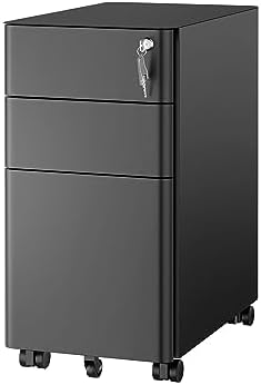 Mount-It! Slim 3 Drawer Rolling File Cabinet with Lock, Mobile Metal Filing Cabinet on Wheels for Under Desk Home & Office Storage, Letter Legal A4, Black