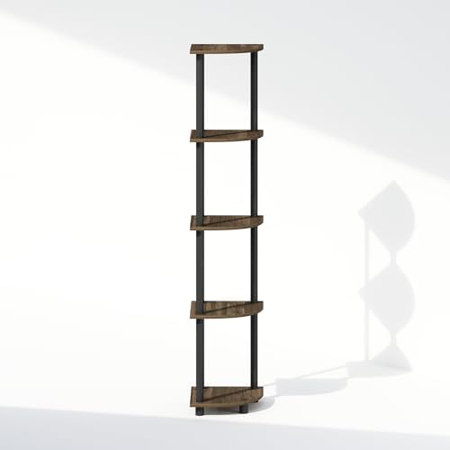 Furinno Turn-N-Tube Storage Shelves, 5-Tier Book Shelf, Corner Shelf, Toolless Open Shelves, for Organization and Storage, Living Room, Home Office, Hallway, Bedroom, Columbia Walnut