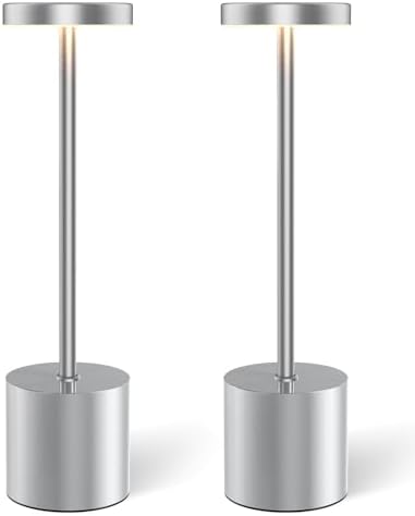 Silver Cordless Table Lamp Rechargeable - 2 Pack 5000mAH Battery Operated Lamp for Counter, 3 Color Stepless Dimming Waterproof LED Wireless Lamp for Dining Kitchen, Outdoor Patio, Touch Control