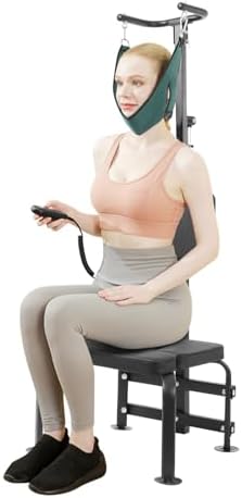 Electric Cervical Traction Device, Neck Stretcher with Inversion Training, Adjustable Neck Stretching Equipment for Home/Rehab, PU Comfort Seat, Remote Control, Steel Frame