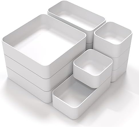 CHANCETSUI 11-Piece Stackable Drawer Organizer Set, Multi-size Desk Drawer Organizer Trays Vanity Storage Bins for Storing Makeup, Stationery, Utensils in Bathroom Dresser, Office and Kitchen