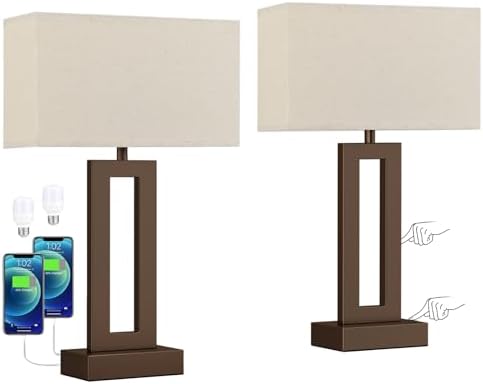 Seealle Bedroom Lamps for Night Stands - Touch Control, 3 Way Dimmable, USB C+A Charging, LED Bulbs, Easy Assembly(Yellow&Brown)