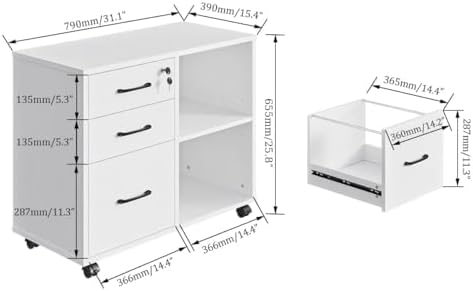 Panana 3 Drawer Office File Cabinets, Mobile Lateral Printer Stand with Open Storage Shelf, Rolling Filing Cabinet with Wheels Home Office Organization and Storage (White)