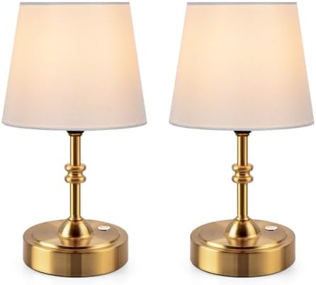 ONEWISH 2 Pack Small Cordless Lamps, Battery Operated Table lamp Dimmable, 4000mAh Rechargeable, Touch Bedside Lamp with White Fabric Shade, 2700K Bulb Included, for Dining, Patio, Bathroom(Gold)