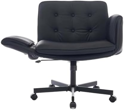 Criss Cross Chair with Lumbar Airbag & Folding Arms Relieve Back Pain, Wide Cross Legged Office Chair for Home Office, Comfy Swivel Desk Chair with Wheels, 5 Level Adjustable Armrest, Leather(Black)