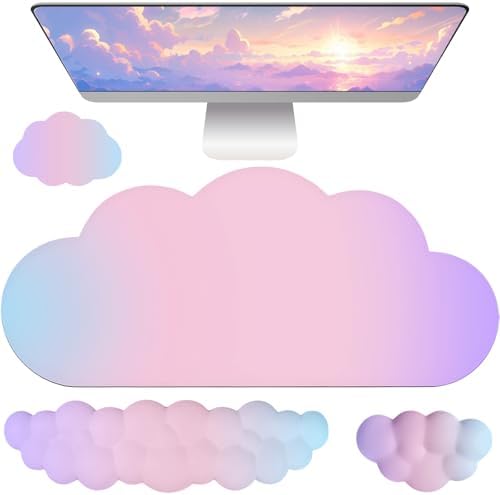 Cloud Mouse Pad Keyboard Wrist Rest for Mouse 4PCS Extended Large Desk Mat Pad Set Memory Foam Non-Slip Cute Ergonomic Gaming Mouse Wrist Support for Computer Home Office 35.4x15.7in Pink Purple Blue