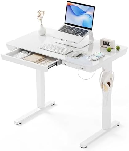 INNOVAR 32" Small Glass Standing Desk with Drawers & USB Ports, Whole-Piece Glass Top Adjustable Height Desks, Quick-Install Electric Sit-Stand Up Desk for Home Office & Computer Workstation, White
