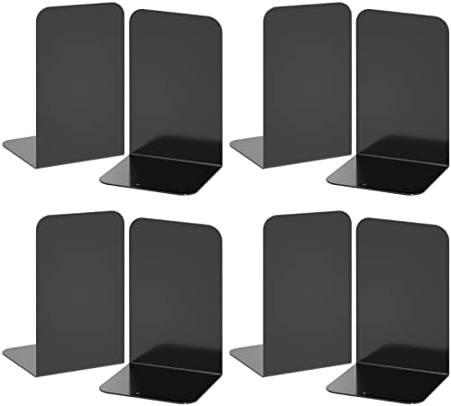 VFINE Bookends 4 Pairs, Black Metal Book Ends, Bookends for Shelves, Book Stopper for Heavy Books, Book Dividers for Home Office School Supplies