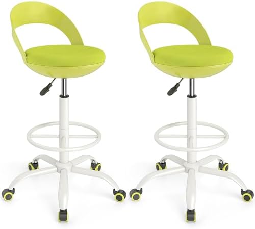 GIANTEX Drafting Chair Set of 2 with Back, Tall Office Chair with Footrest & Adjustable Height, Ergonomic Standing Desk Chair for Counter Height Desk, Home Kitchen, Green