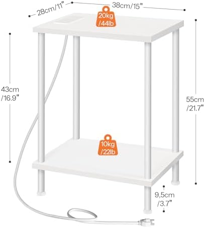 HOOBRO Side Table with Charging Station, End Table with USB Port and Outlets, Nightstand with 2-Layer Storage Shelves for Small Spaces, Living Room, Bedroom, White WW09UBZ01