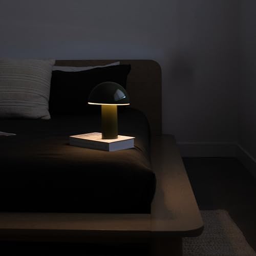 Brightech Celia Table Lamp – 10" Touch-Controlled Mushroom Accent Lamp, Cordless & Dimmable LED, Portable Bedside Accent Light, Recycled Sustainable Modern Lamp for Home Décor – Olive Green