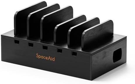 SpaceAid Bamboo Charging Station for Multiple Devices, Cell Phone Docking Stations for Multi Laptop, Tablets and iPads, Nightstand Bedside Desk Device Charger Organizer (Black)