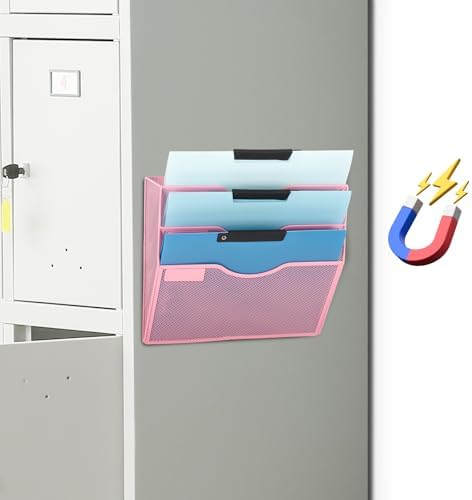 EASEPRES Magnetic 3 Pocket Mesh Hanging Wall File Organizer, Wall Mounted Mail Paper Document Folder Holder, Clipboard Storage Magazine Rack with Nametag Label for Office Home School, Pink