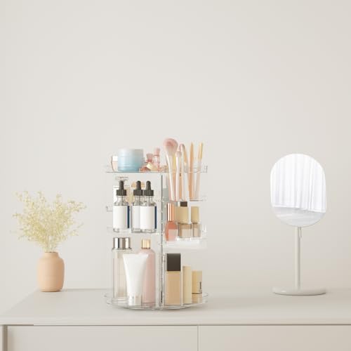 Rotating Makeup Organizer, DIY 8 Adjustable Layers Spinning Skincare Storage, Cosmetic Display Case with Brush Holder and Perfume Tray, Multi-Function Vanity Bathroom Countertop Organizer Clear