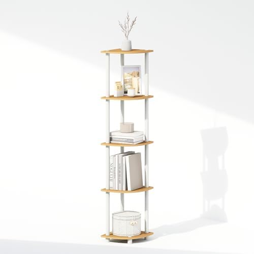 Furinno Turn-N-Tube Storage Shelves, 5-Tier Book Shelf, Corner Shelf, Toolless Open Shelves, for Organization and Storage, Living Room, Home Office, Hallway, Bedroom, Beech