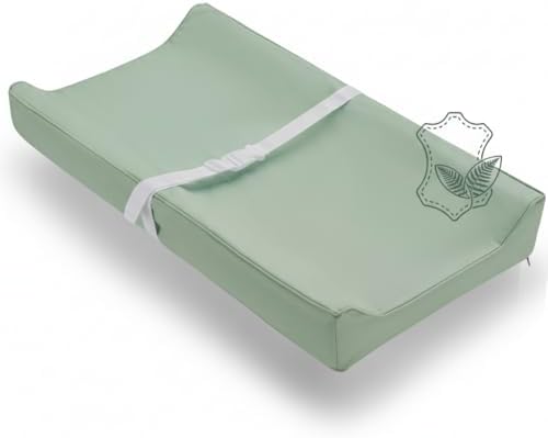 Vegan Leather Contoured Baby Changing Pad | Waterproof & Wipe-Clean PU Leather Diaper Change Mat, Soft, Wipeable Cover, Safety Strap, Non-Slip Bottom, Topper for Standard Infant Diaper Table & Dresser