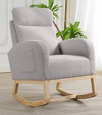 Nursery Rocking Chair, Comfy Modern Glider Rocking Chair with High Backrest and Armrest, Teddy Upholstered Rocking Accent Chair with Side Pockets for Living Room, Bedroom, Office,Gray