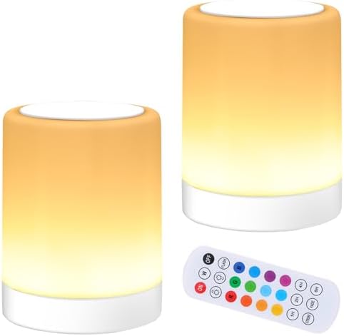 OORUN Touch Bedside Table Lamp,13 RGB Colors & 5 Brightness, USB Rechargeable Desk Lamp, Remote Control Dimmable Night Light with RGB Color Changing,Portable Lamp for Baby (2 Pack White)