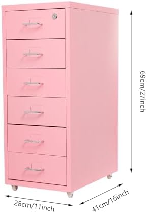6 Drawer File Cabinet with Lock, Freestanding Filing Metal Drawers Organizer Vertical Metal Rolling Organizer Movable Under Desk Cabinet with Wheels for Home Office Living Room Study (6 Tiers Pink)