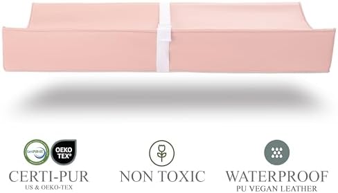 Vegan Leather Contoured Baby Changing Pad | Waterproof & Wipe-Clean PU Leather Diaper Change Mat, Soft, Wipeable Cover, Safety Strap, Non-Slip Bottom, Topper for Standard Infant Diaper Table & Dresser