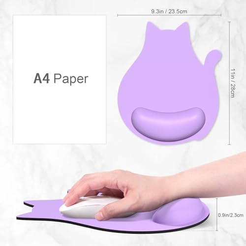 Ergonomic Mouse Pad with Wrist Rest, Cute Cat Memory Foam Padded Pain Relief Non-Slip Wrist Support Mouse Mat for Gaming Work Computer Laptop, Funny Office Supplies Desk Accessory, Purple