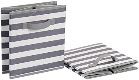 Amazon Basics Collapsible Fabric Storage Bins with Handles, Cube Organizer for Organizing, 13"x13"x13", White/Light Grey Stripe, 6-Pack