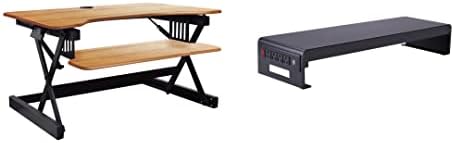 Rocelco 40" Large Height Adjustable Standing Desk Converter with Dual Monitor Stand BUNDLE - Quick Sit Stand Up Computer Workstation Riser - Retractable Keyboard Tray - Teak (R DADRT-40-DMS)