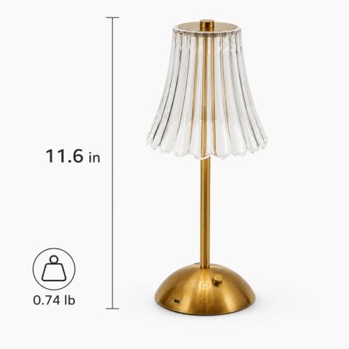 Cordless Table Lamps for Home,Table,Dining Room, Gold Rechargeable Lamps, USB Charge 12'' Tall LED Brass Portable Outdoor Indoor Table Lamp with Built-in Dimmer (Clear)