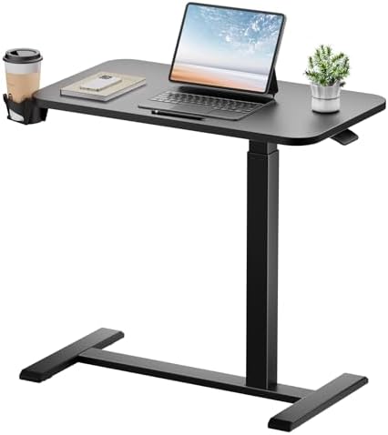 GTPLAYER Small Standing Desk with Hidden Wheels, Pneumatic Mobile Rolling Laptop Desk, Adjustable Height Overbed Bedside Table Computer Workstation for Home Office (28" W x 16" D, Black)