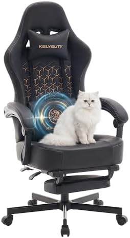 Gaming Chair Breathable Leather with Pocket Spring Cushion, Wide and High Ergonomic Office Chair with Headrest, Computer Gaming Chair with Footrest for Adult and Teen (Black)