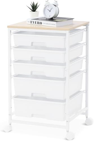 SYKIARIOL Rolling Cart with Drawers, 5 Drawers Utility Cart, Bright White